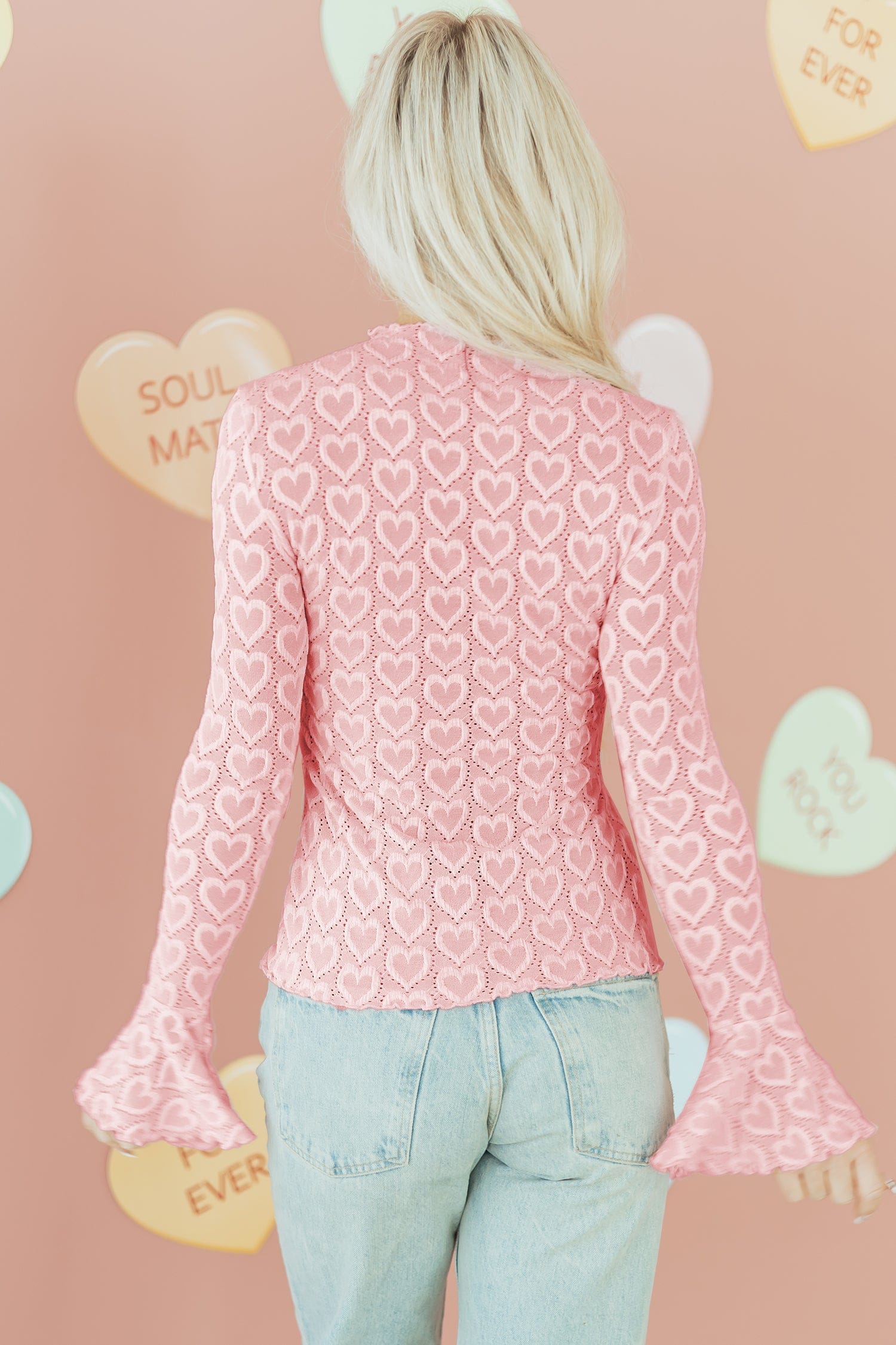 Pink Heart Bell Sleeve Mock Neck Top | DROPSHIP