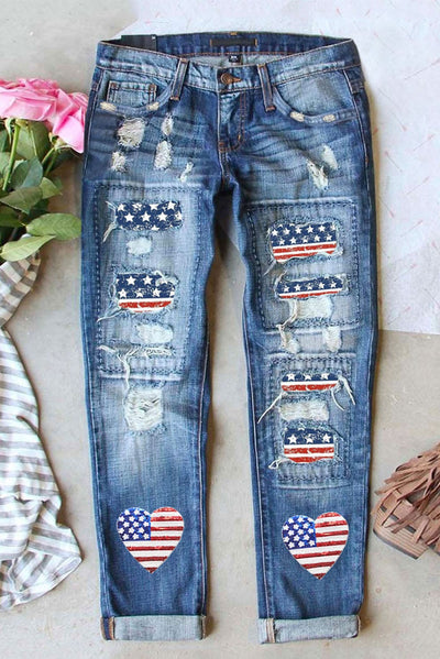 Heart Ripped American Flag Jeans | S-2XL