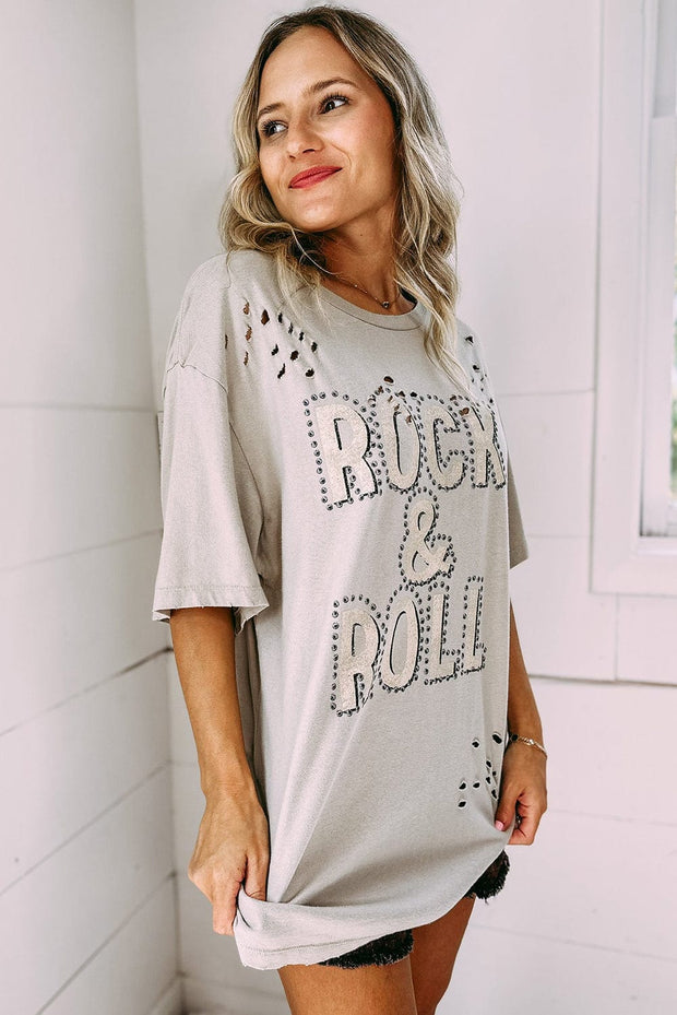 Rock & Roll Graphic Ripped Oversized Tee | S-XL