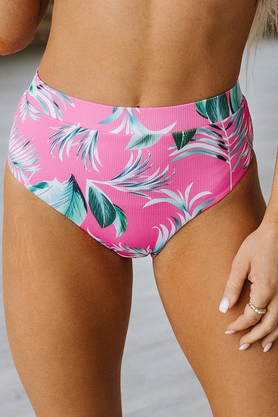 Rose Tropical Print Textured Bikini Bottom | S-3XL