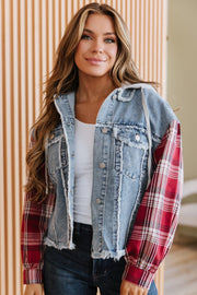 Route Plaid Patchwork Hooded Denim Jacket | DROPSHIP
