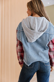 Route Plaid Patchwork Hooded Denim Jacket | DROPSHIP