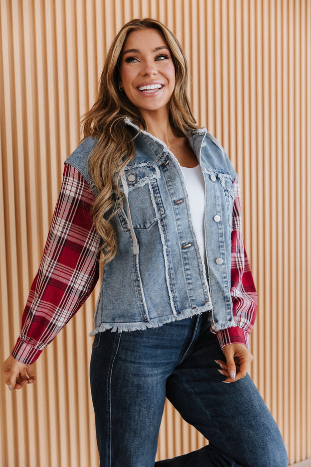 Route Plaid Patchwork Hooded Denim Jacket | DROPSHIP