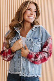 Route Plaid Patchwork Hooded Denim Jacket | DROPSHIP