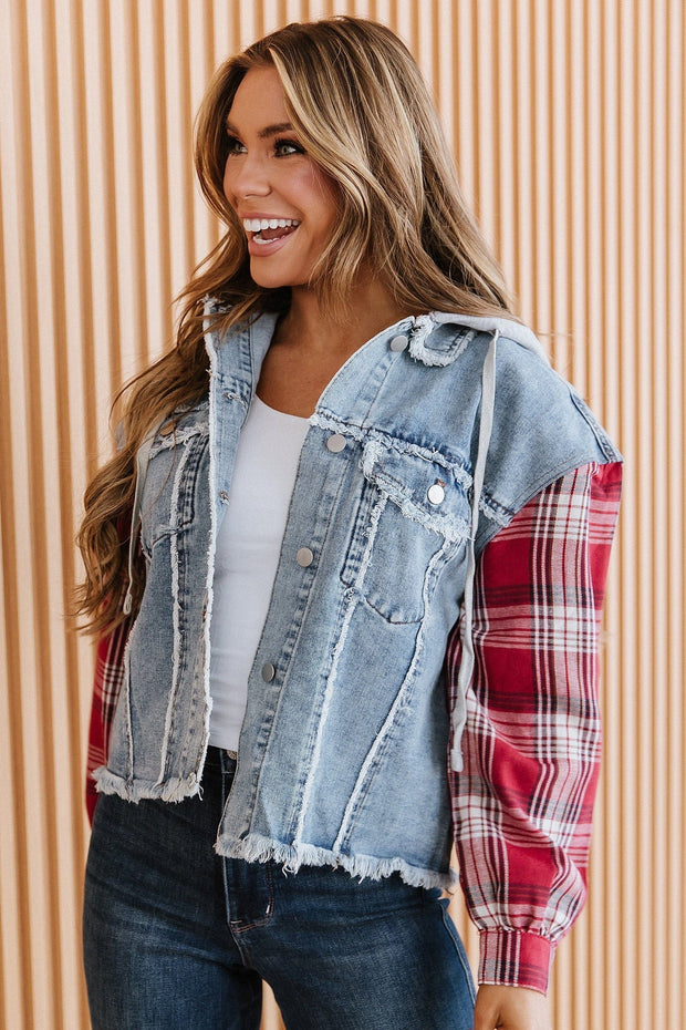Route Plaid Patchwork Hooded Denim Jacket | DROPSHIP