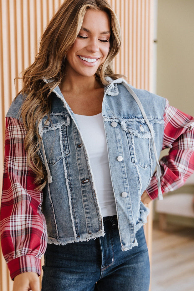 Route Plaid Patchwork Hooded Denim Jacket | DROPSHIP