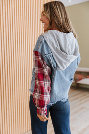 Route Plaid Patchwork Hooded Denim Jacket | DROPSHIP