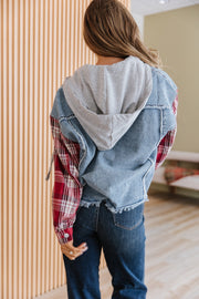 Route Plaid Patchwork Hooded Denim Jacket | DROPSHIP