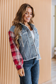 Route Plaid Patchwork Hooded Denim Jacket | DROPSHIP