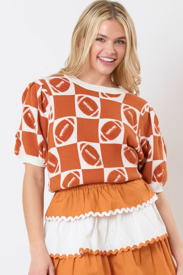 SALE - Football Checkered Puff Sleeve Top | Size Small